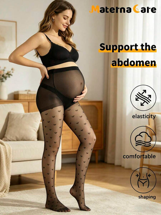 Maternity Heart Jacquard Stockings - Black High Elasticity Belly Support Leggings, Breathable Sheer Pantyhose for Pregnancy & Postpartum