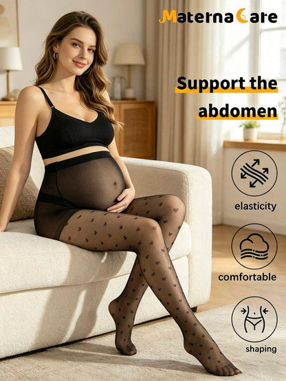 Maternity Heart Jacquard Stockings - Black High Elasticity Belly Support Leggings, Breathable Sheer Pantyhose for Pregnancy & Postpartum