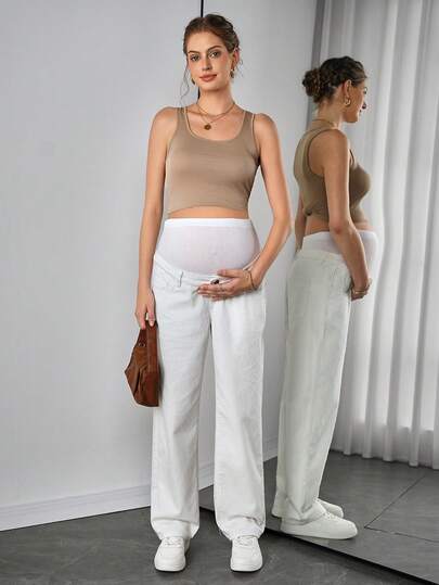 Maternity White Denim Pants - Zipper Fly, Button Detail, Loose Fit, Long, White