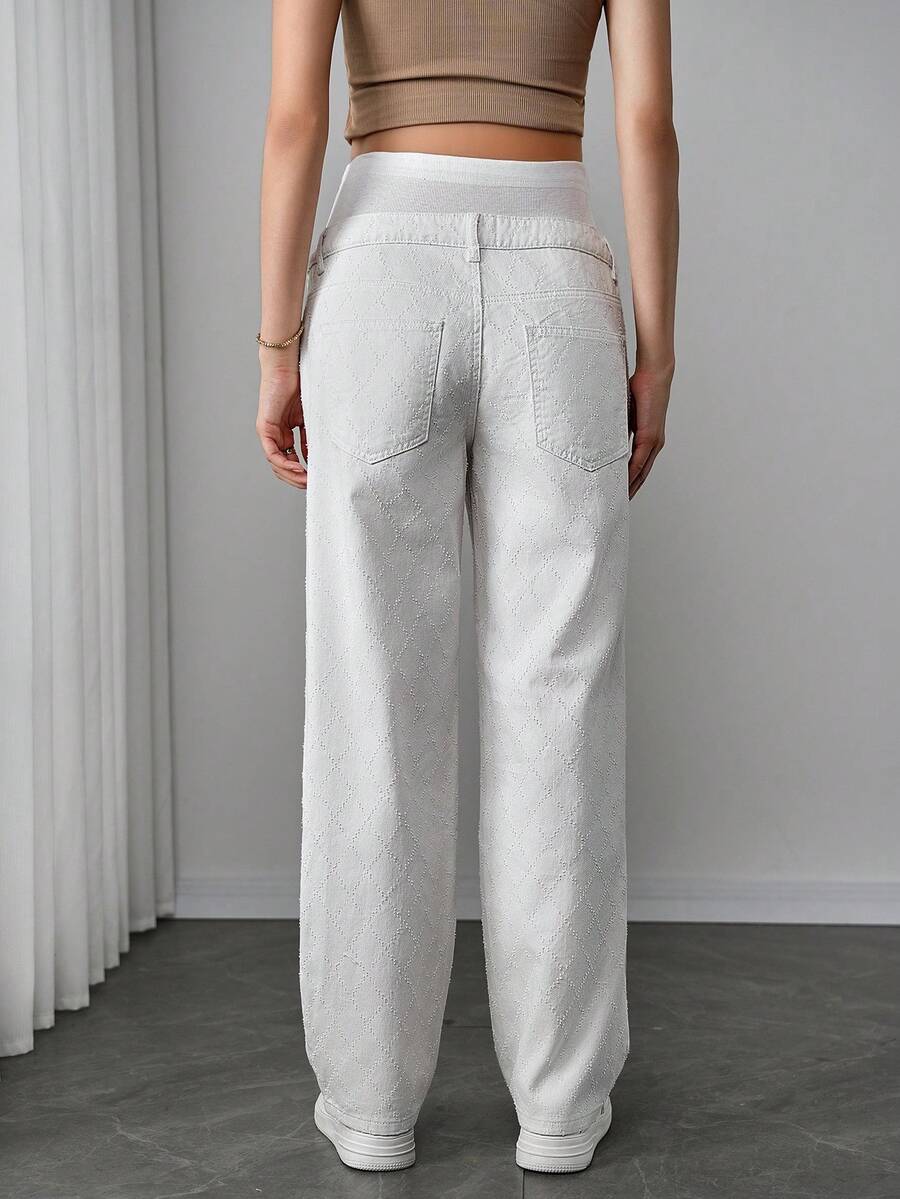 Maternity White Denim Pants - Zipper Fly, Button Detail, Loose Fit, Long, White