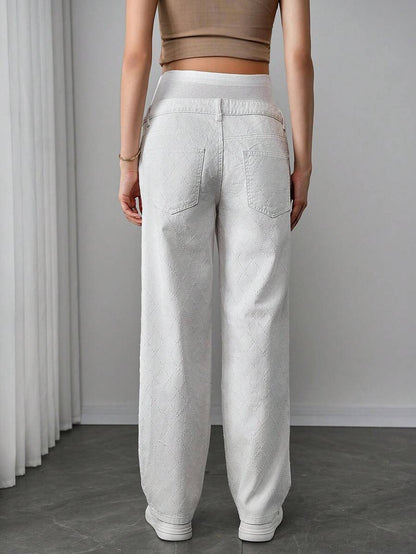 Maternity White Denim Pants - Zipper Fly, Button Detail, Loose Fit, Long, White