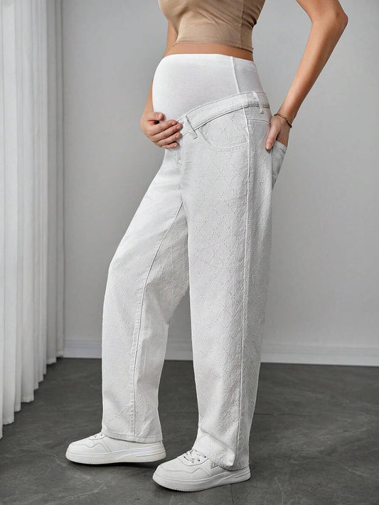 Maternity White Denim Pants - Zipper Fly, Button Detail, Loose Fit, Long, White
