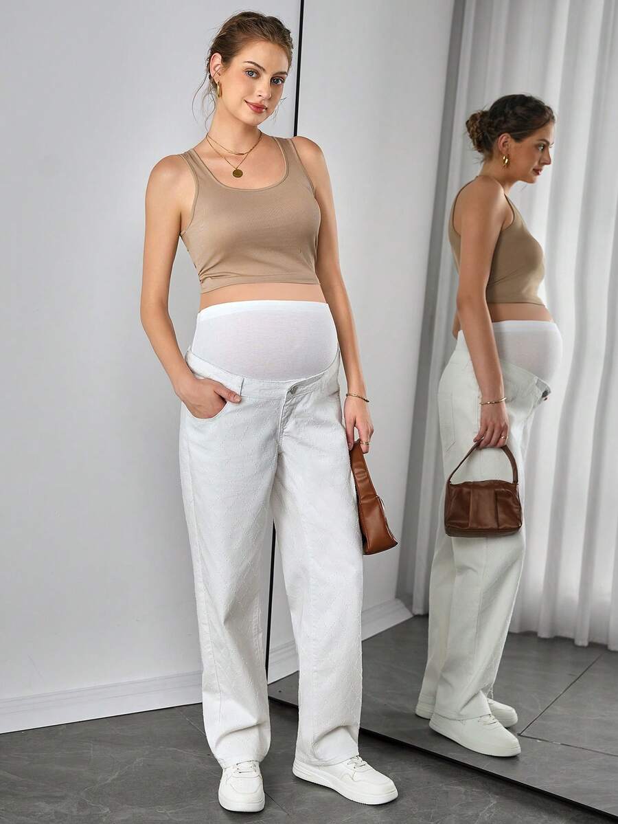 Maternity White Denim Pants - Zipper Fly, Button Detail, Loose Fit, Long, White