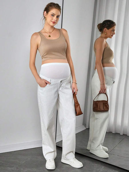 Maternity White Denim Pants - Zipper Fly, Button Detail, Loose Fit, Long, White
