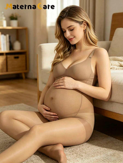 Maternity Leggings - Coffee Brown High Elasticity Sheer Pantyhose Soft Belly Support, Summer