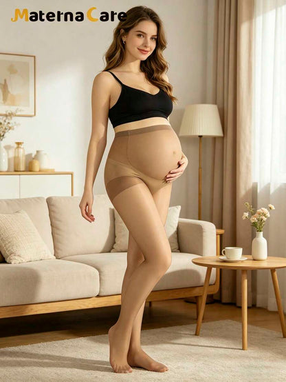 Maternity Leggings - Coffee Brown High Elasticity Sheer Pantyhose Soft Belly Support, Summer