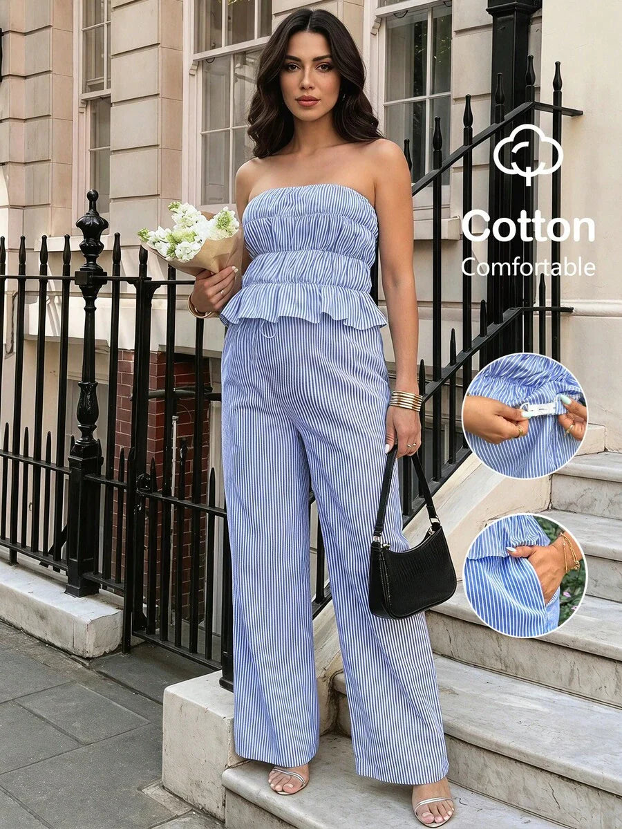 Blue and White Striped Maternity 2-Piece Set – Ruched Bandeau Strapless Top & Wide Leg Ruffle Hem Pants – Chic Summer Vacation & Casual Set