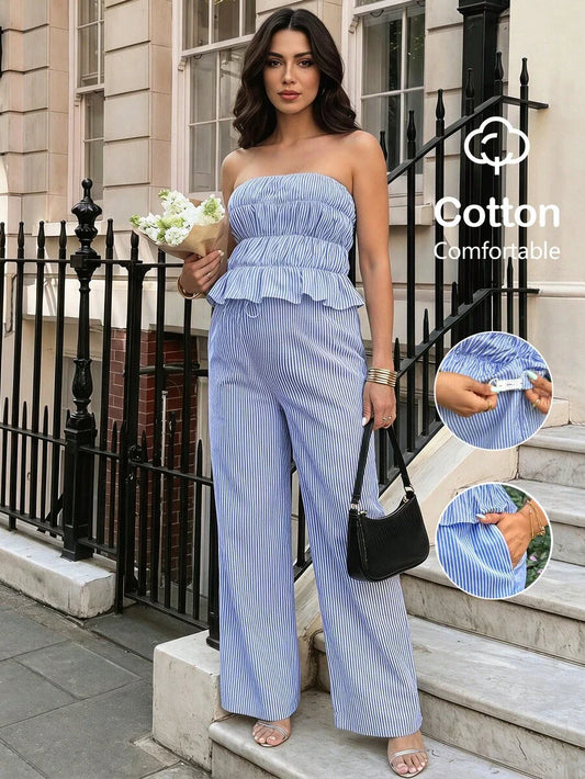 Blue and White Striped Maternity 2-Piece Set – Ruched Bandeau Strapless Top & Wide Leg Ruffle Hem Pants – Chic Summer Vacation & Casual Set