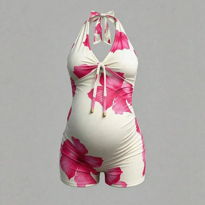 Floral Halter Maternity Jumpsuit Sleeveless Slimming Lace Up Backless Summer Beach Romper with High Stretch Comfort