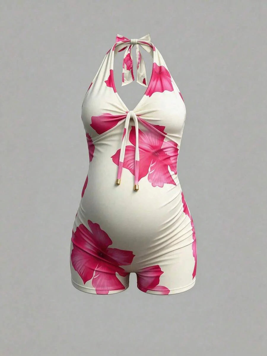 Floral Halter Maternity Jumpsuit Sleeveless Slimming Lace Up Backless Summer Beach Romper with High Stretch Comfort