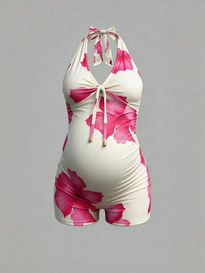 Floral Halter Maternity Jumpsuit Sleeveless Slimming Lace Up Backless Summer Beach Romper with High Stretch Comfort