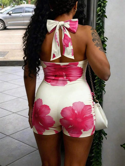 Floral Halter Maternity Jumpsuit Sleeveless Slimming Lace Up Backless Summer Beach Romper with High Stretch Comfort