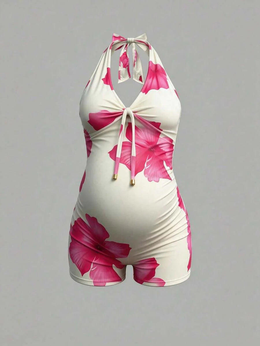 Floral Halter Maternity Jumpsuit Sleeveless Slimming Lace Up Backless Summer Beach Romper with High Stretch Comfort