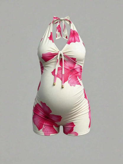 Floral Halter Maternity Jumpsuit Sleeveless Slimming Lace Up Backless Summer Beach Romper with High Stretch Comfort