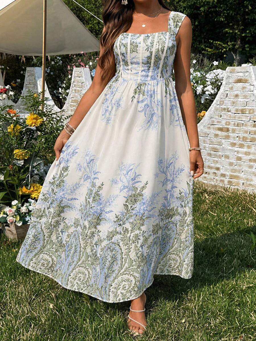 Blue and White Floral Off Shoulder Maternity Midi Dress - Elegant Puff Sleeve High Waist A-Line Party Dress - Boho Summer Vacation Outfit