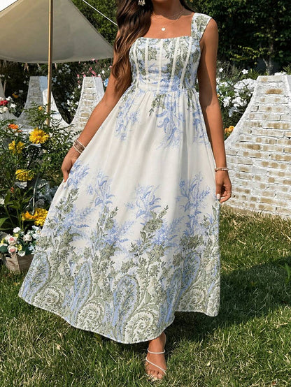 Blue and White Floral Off Shoulder Maternity Midi Dress - Elegant Puff Sleeve High Waist A-Line Party Dress - Boho Summer Vacation Outfit