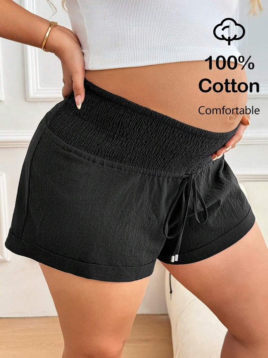 Plus Size Maternity Shorts - Drawstring Waist, Belly Support, Ultra High Waist, Loose, Black