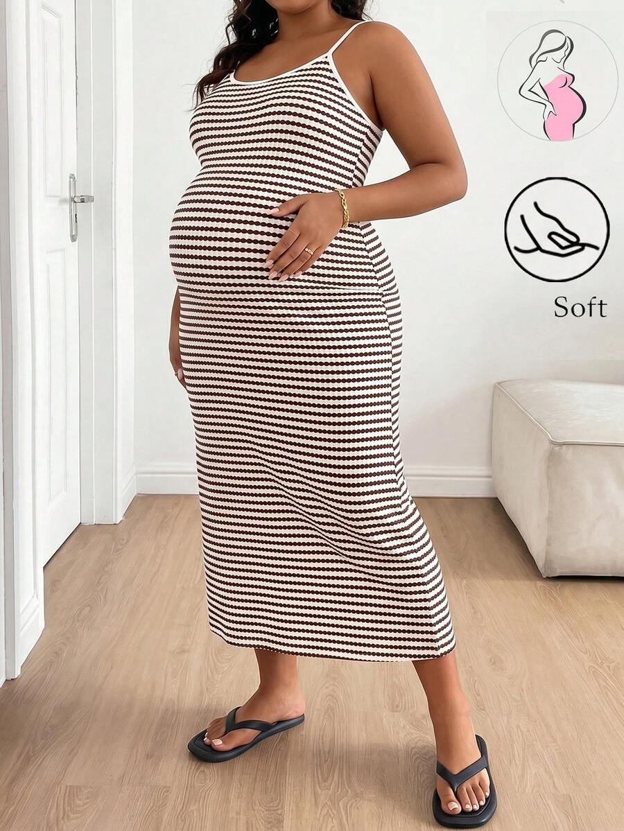 Multicolor Striped Maternity Midi Dress – Slim Fit Spaghetti Strap Backless Knitted Summer Sundress for Beach Vacations and Casual Wear