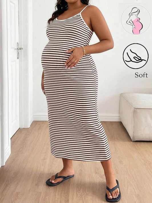 Multicolor Striped Maternity Midi Dress – Slim Fit Spaghetti Strap Backless Knitted Summer Sundress for Beach Vacations and Casual Wear