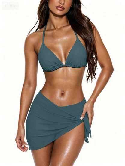 Women's 3-Piece Solid Halter Bikini Set - Knot Detail, Skirt Cover-Up, Triangle Cup, Red