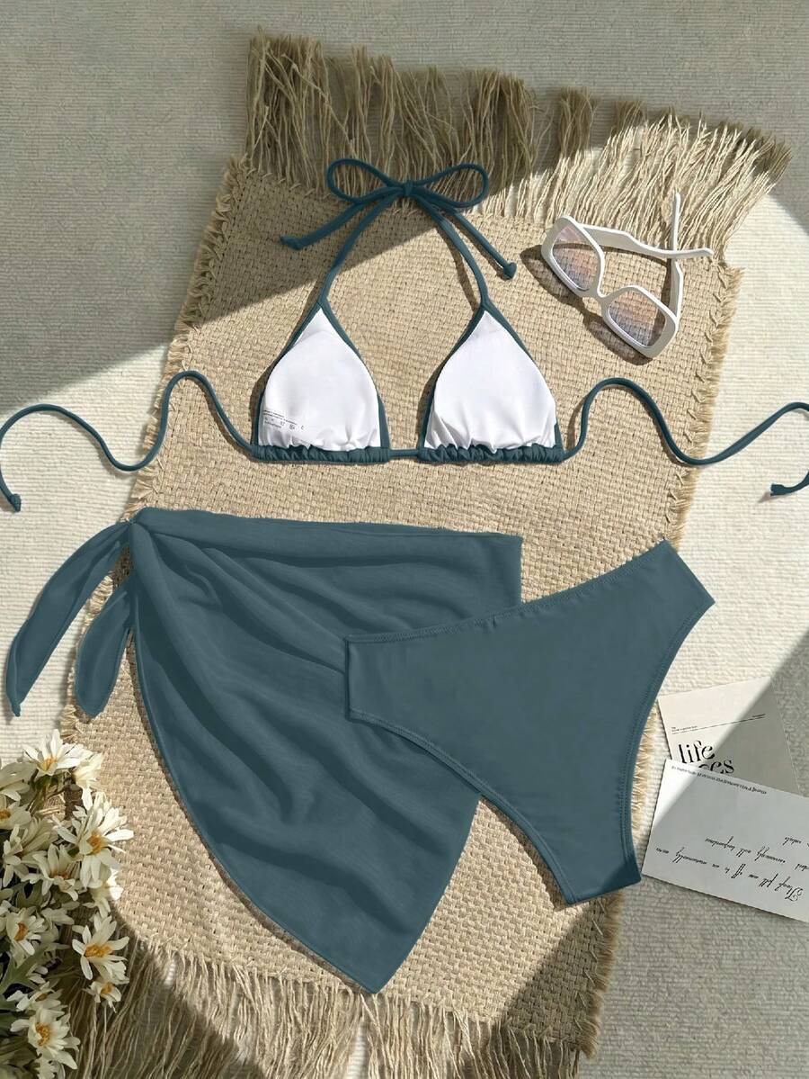 Women's 3-Piece Solid Halter Bikini Set - Knot Detail, Skirt Cover-Up, Triangle Cup, Red