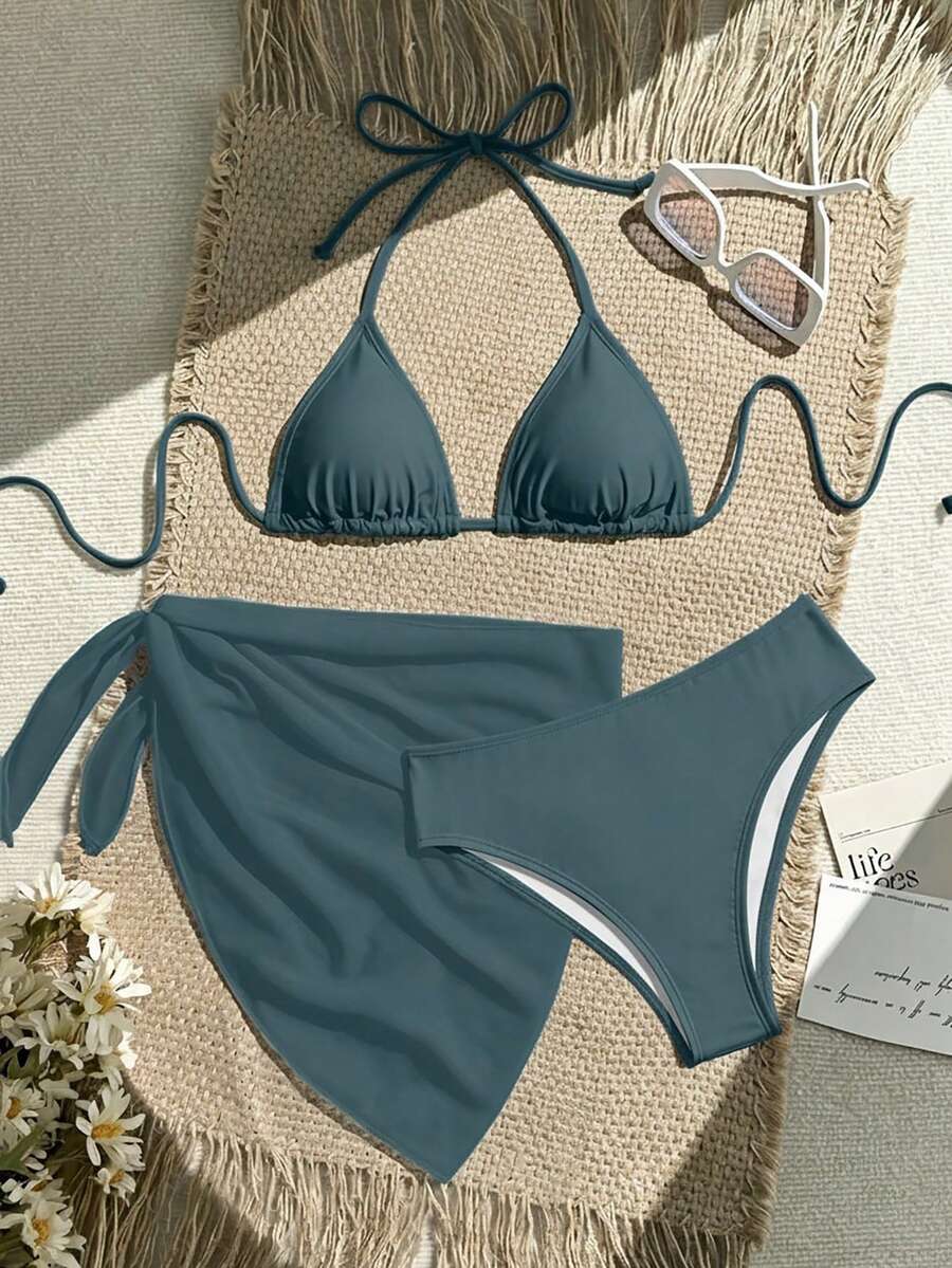 Women's 3-Piece Solid Halter Bikini Set - Knot Detail, Skirt Cover-Up, Triangle Cup, Red