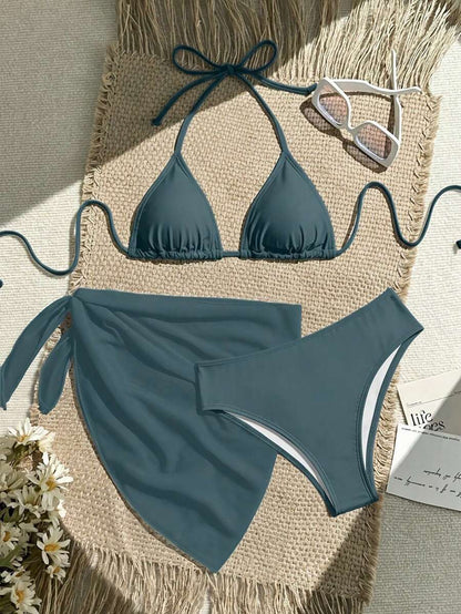 Women's 3-Piece Solid Halter Bikini Set - Knot Detail, Skirt Cover-Up, Triangle Cup, Red