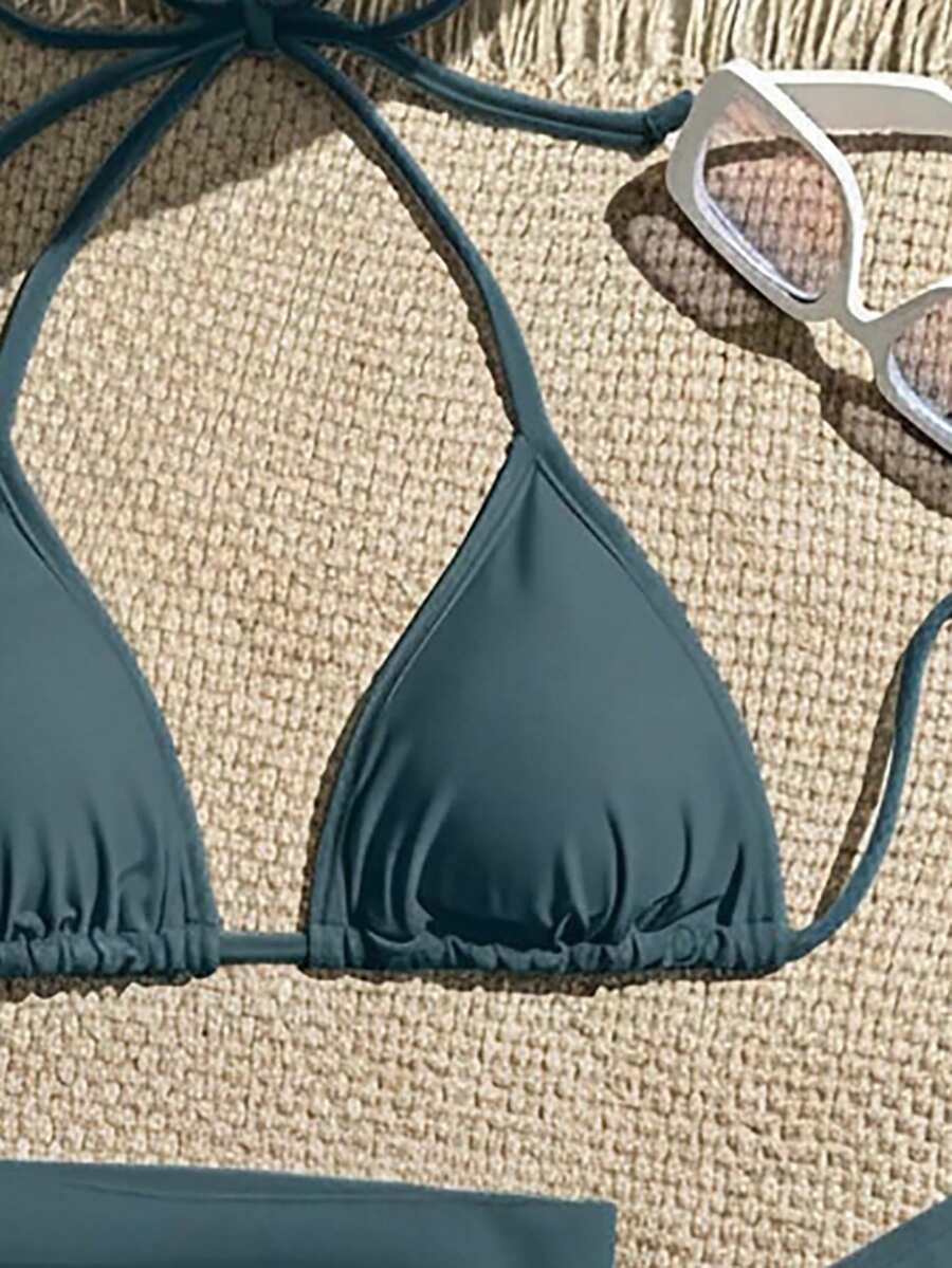 Women's 3-Piece Solid Halter Bikini Set - Knot Detail, Skirt Cover-Up, Triangle Cup, Red