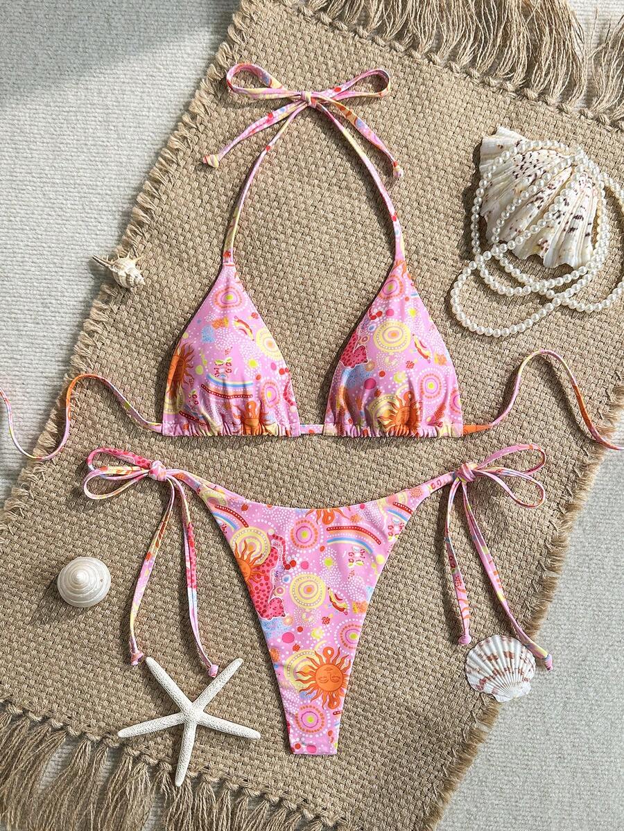 Swim Vcay Women's Solid Color Halter Tie Backless Sexy Thong Bikini Set Bikini Triangle Lemon Bikini Yellow Bathing Suits Light Yellow Bikini String Bikini Set