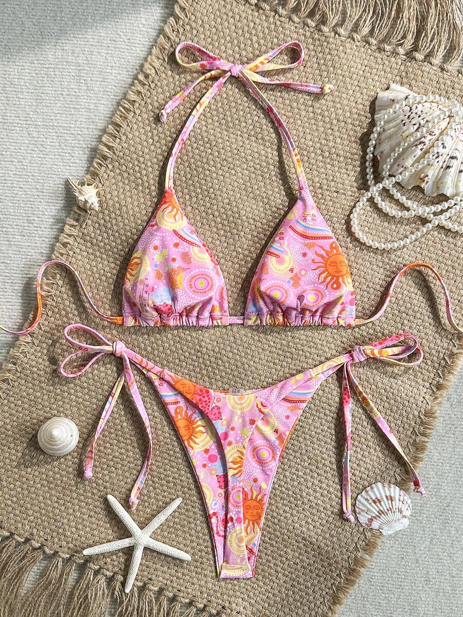 Swim Vcay Women's Solid Color Halter Tie Backless Sexy Thong Bikini Set Bikini Triangle Lemon Bikini Yellow Bathing Suits Light Yellow Bikini String Bikini Set