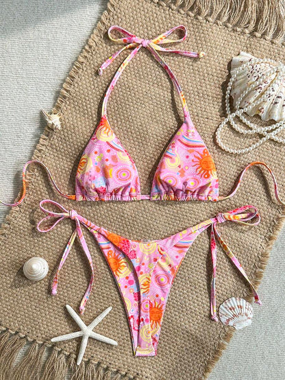 Swim Vcay Women's Solid Color Halter Tie Backless Sexy Thong Bikini Set Bikini Triangle Lemon Bikini Yellow Bathing Suits Light Yellow Bikini String Bikini Set