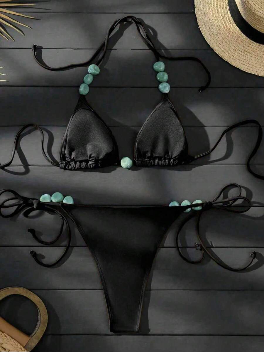 Swim Vcay Women's Summer Beach Halter Neck Tie Jade Marble Green Pattern Decor, Beach, Pool, Casual Party, Holiday, Spring/Summer