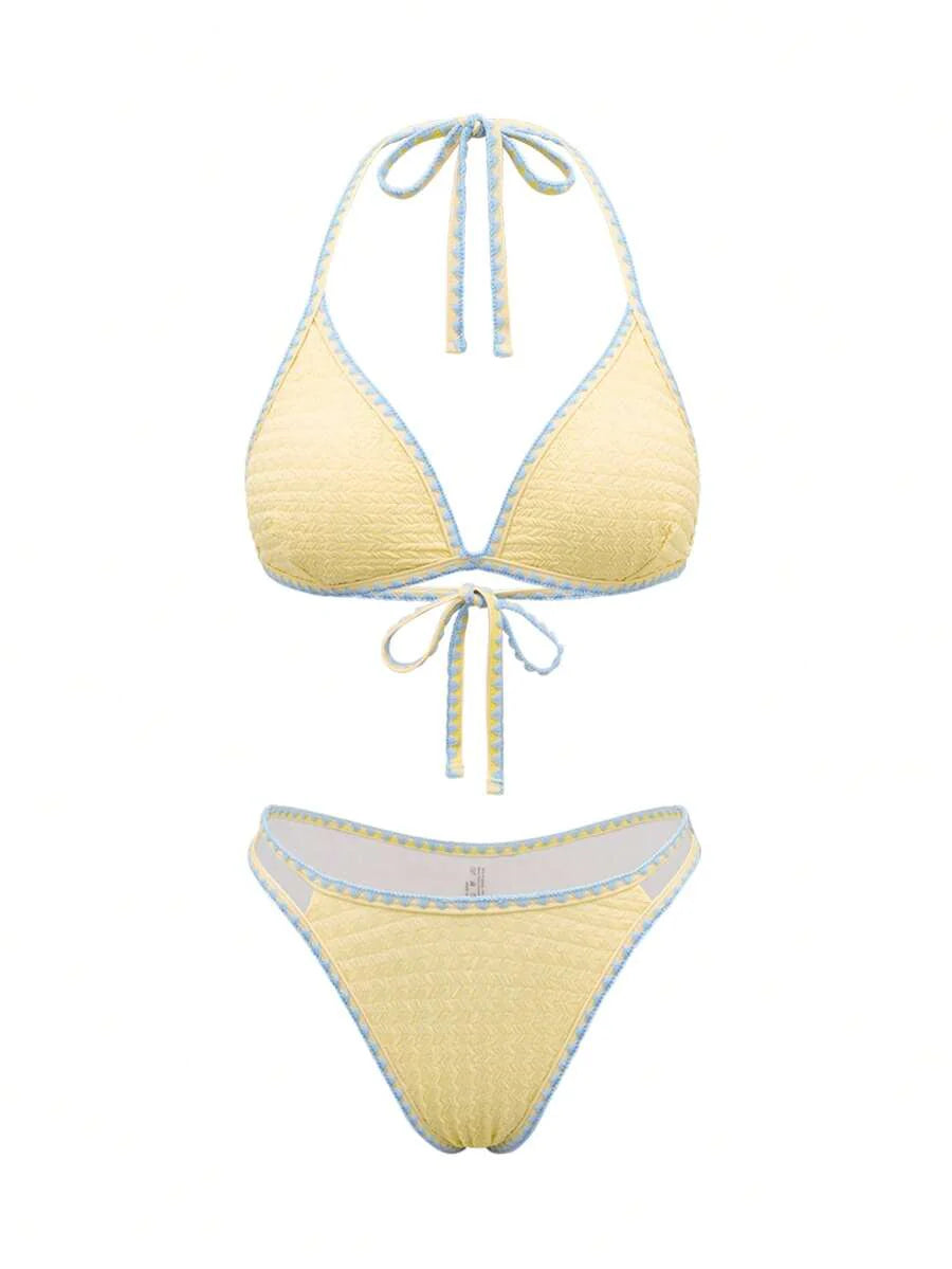 Women's Whip Stitch Halter Triangle Bikini Set - Backless, High Waist, Colorblock, White
