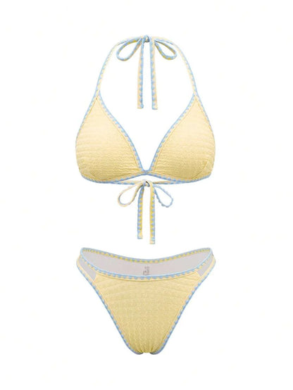 Women's Whip Stitch Halter Triangle Bikini Set - Backless, High Waist, Colorblock, White
