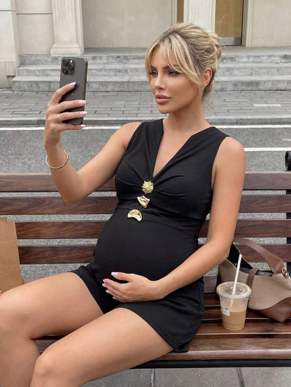 Elegant Black Maternity Work Jumpsuit - Notched Neck Cold Shoulder Sleeveless Romper - High Waist Metal Button Detail Short Unitard for Summer