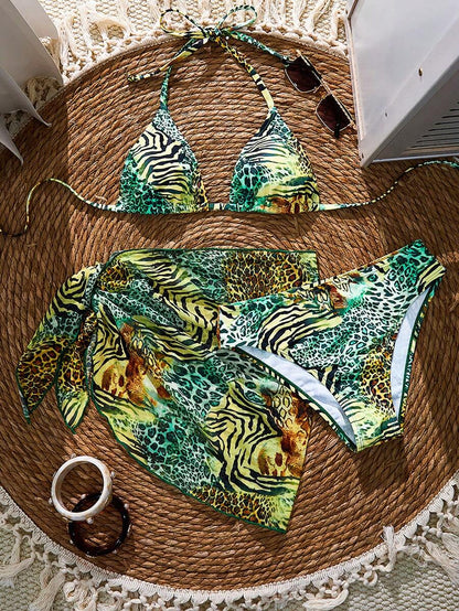 Women's 3-Piece Solid Halter Bikini Set - Knot Detail, Skirt Cover-Up, Triangle Cup, Red