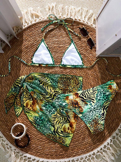 Women's 3-Piece Solid Halter Bikini Set - Knot Detail, Skirt Cover-Up, Triangle Cup, Red