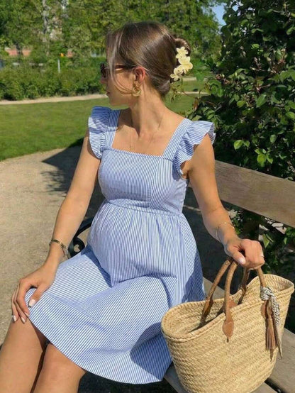 Pink Floral Maternity Square Neck Dress with Ruffle Flounce Sleeves and Boho High Waist A-Line Flare Hem Silhouette