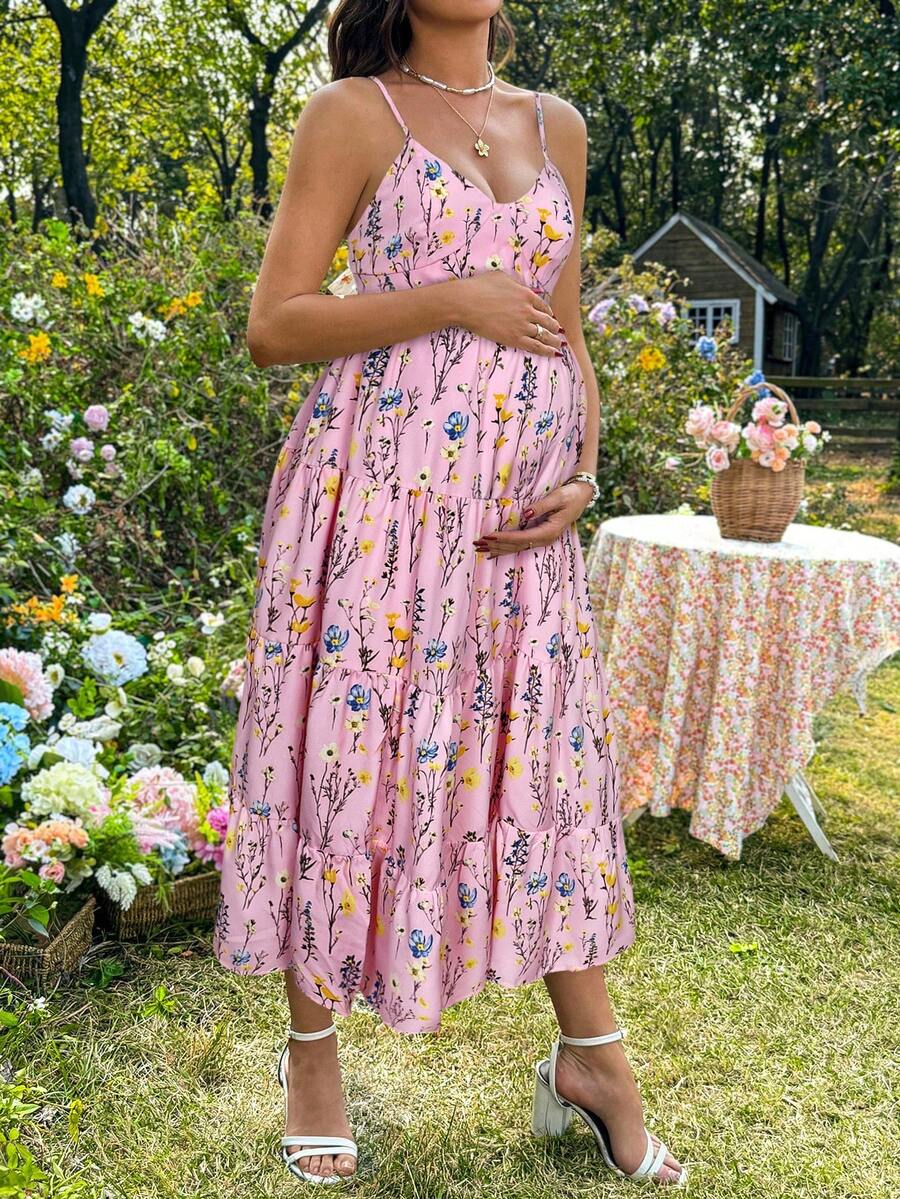 Maternity Floral Print Ruffle Hem Casual Camisole Dress