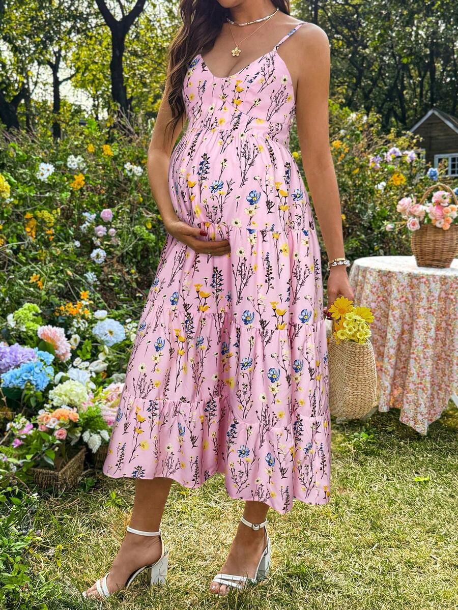 Maternity Floral Print Ruffle Hem Casual Camisole Dress