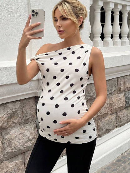 Polka Dot Off Shoulder Maternity Top with Asymmetrical Neck and Ruched Detail - Elegant White and Black Slim Fit Work to Weekend Shirt