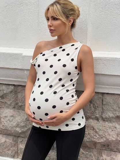 Polka Dot Off Shoulder Maternity Top with Asymmetrical Neck and Ruched Detail - Elegant White and Black Slim Fit Work to Weekend Shirt