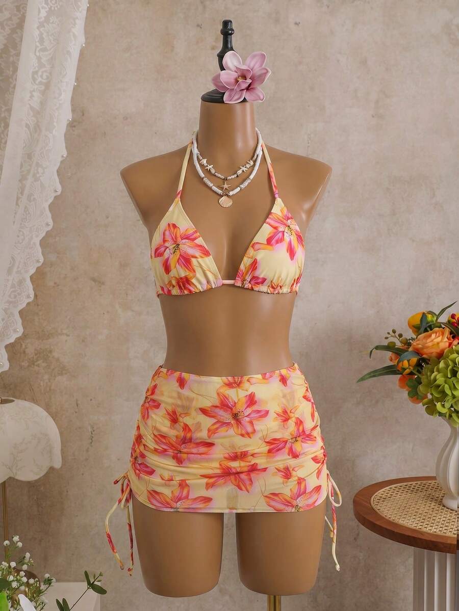Women's 3-Piece Leopard Print Bikini Set - Halter Triangle Cup, Mesh Skirt, Tie Side, Multicolor