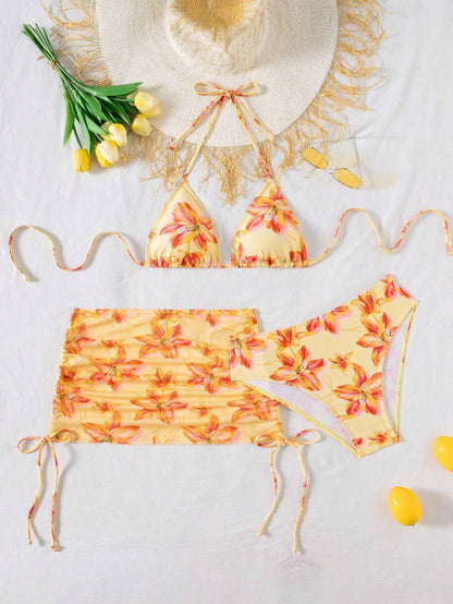 Women's 3-Piece Leopard Print Bikini Set - Halter Triangle Cup, Mesh Skirt, Tie Side, Multicolor