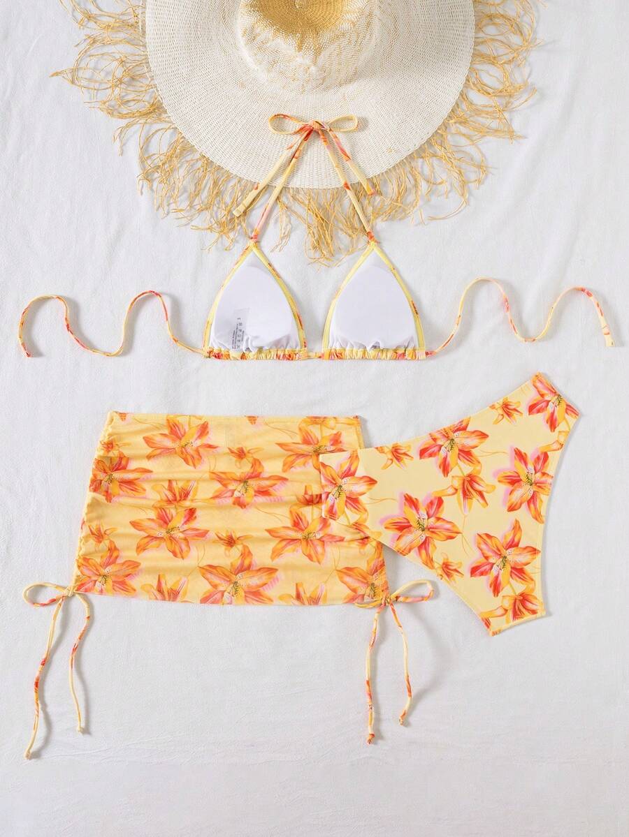 Women's 3-Piece Leopard Print Bikini Set - Halter Triangle Cup, Mesh Skirt, Tie Side, Multicolor