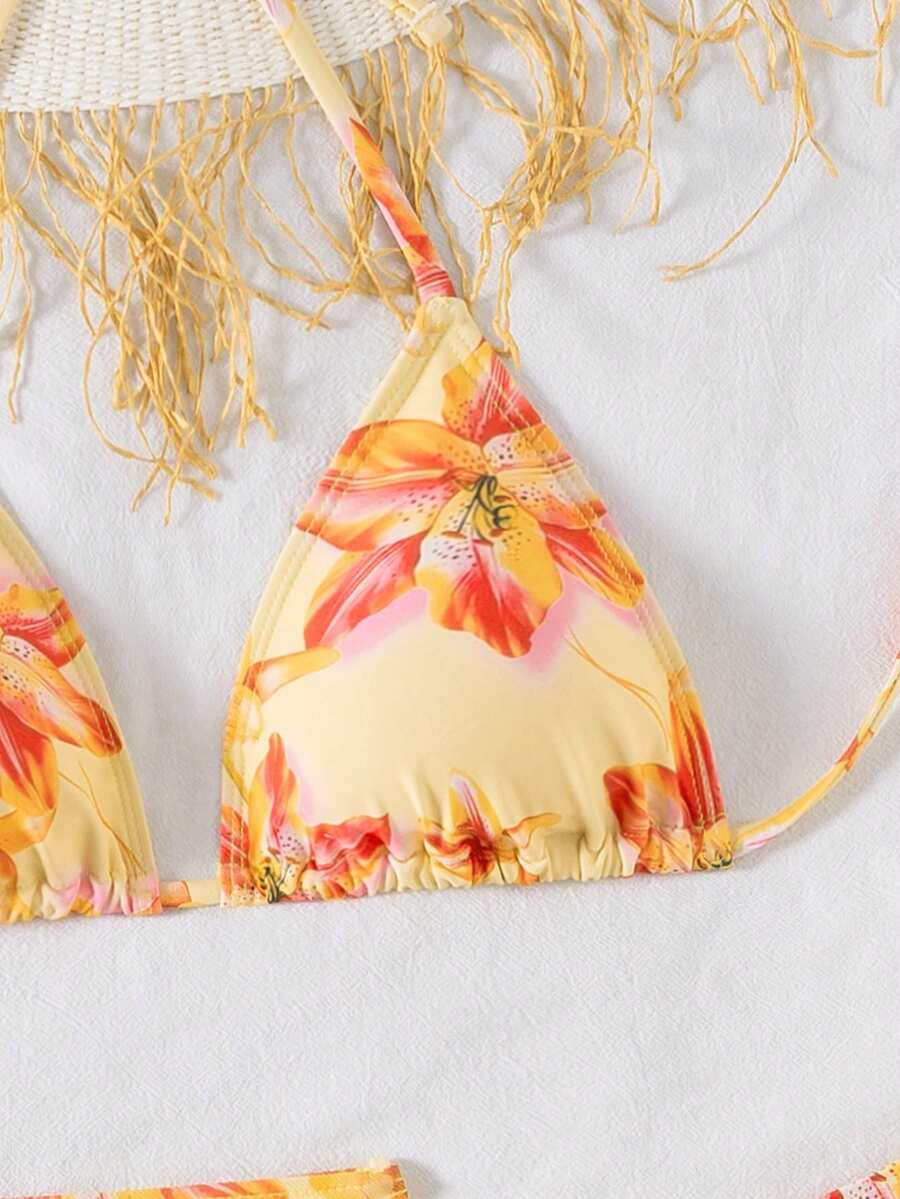 Women's 3-Piece Leopard Print Bikini Set - Halter Triangle Cup, Mesh Skirt, Tie Side, Multicolor