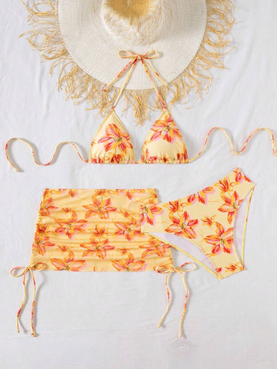 Women's 3-Piece Leopard Print Bikini Set - Halter Triangle Cup, Mesh Skirt, Tie Side, Multicolor