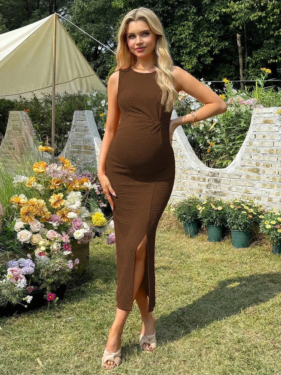 Women's Long Twist Knot Slit Casual Maternity Dress