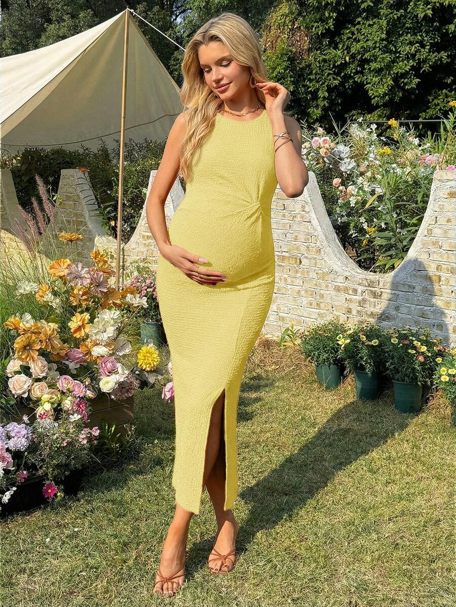 Maternity Long Twist Knot Slit Bodycon Midi Dress Red Sleeveless Round Neck Slim Fit Summer Vacation Outfits for Women