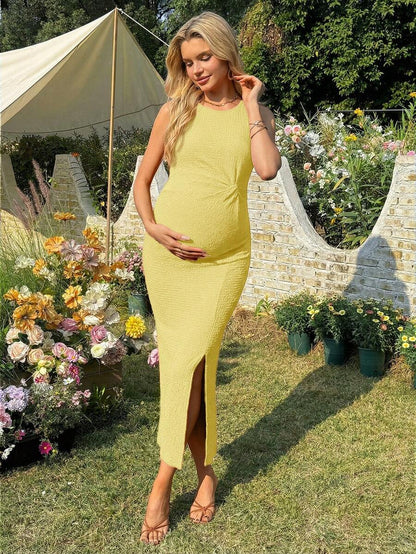 Maternity Long Twist Knot Slit Bodycon Midi Dress Red Sleeveless Round Neck Slim Fit Summer Vacation Outfits for Women
